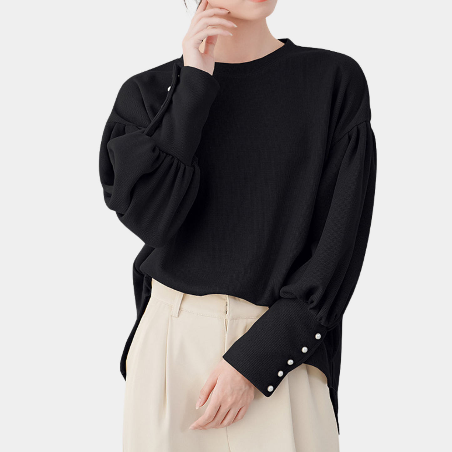 Women's Sweater with Pearl Buttons and Lantern Sleeves