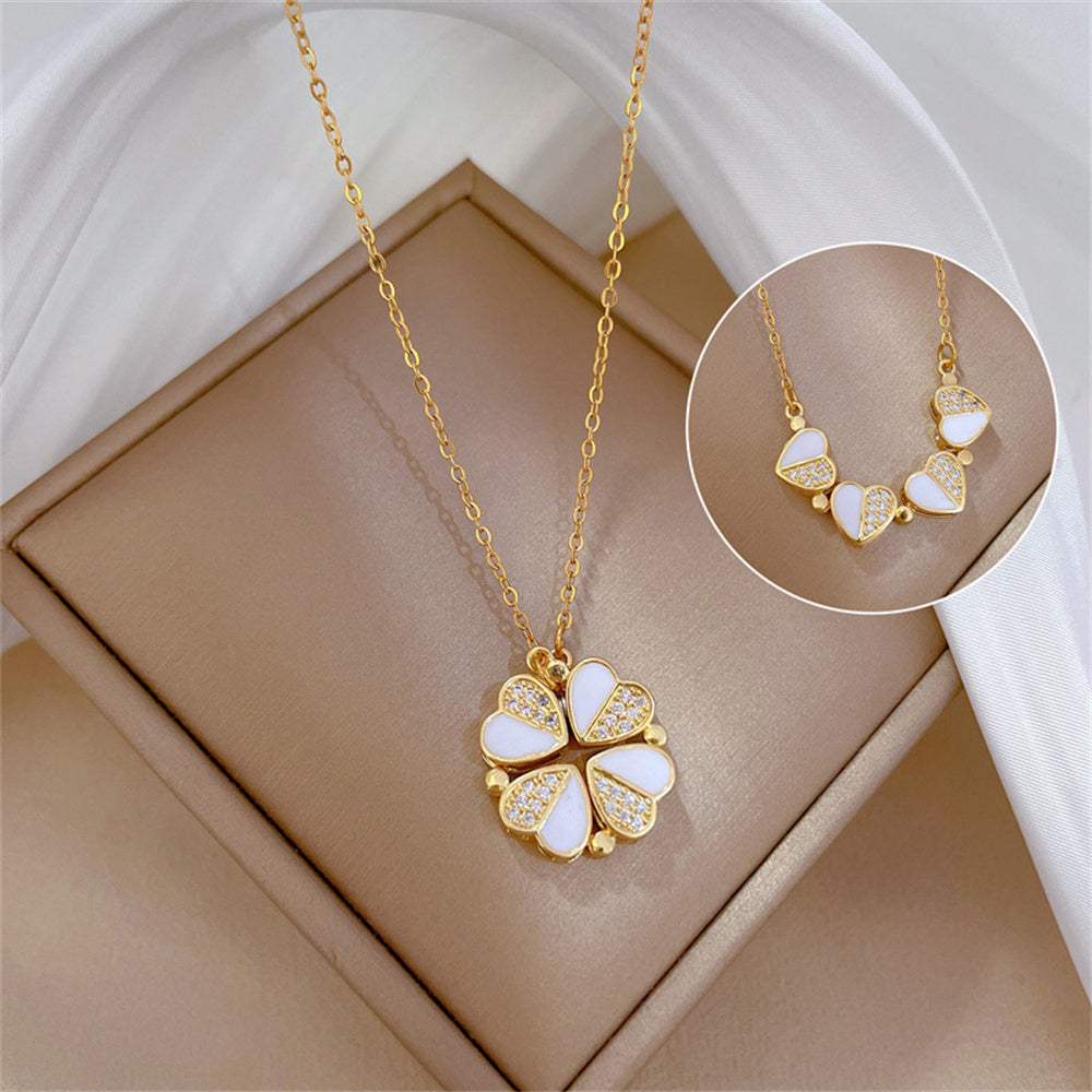 Luxury Four Leaf Clover Pendant Necklace Stainless Steel Crystal Heart Jewelry For Women Gift